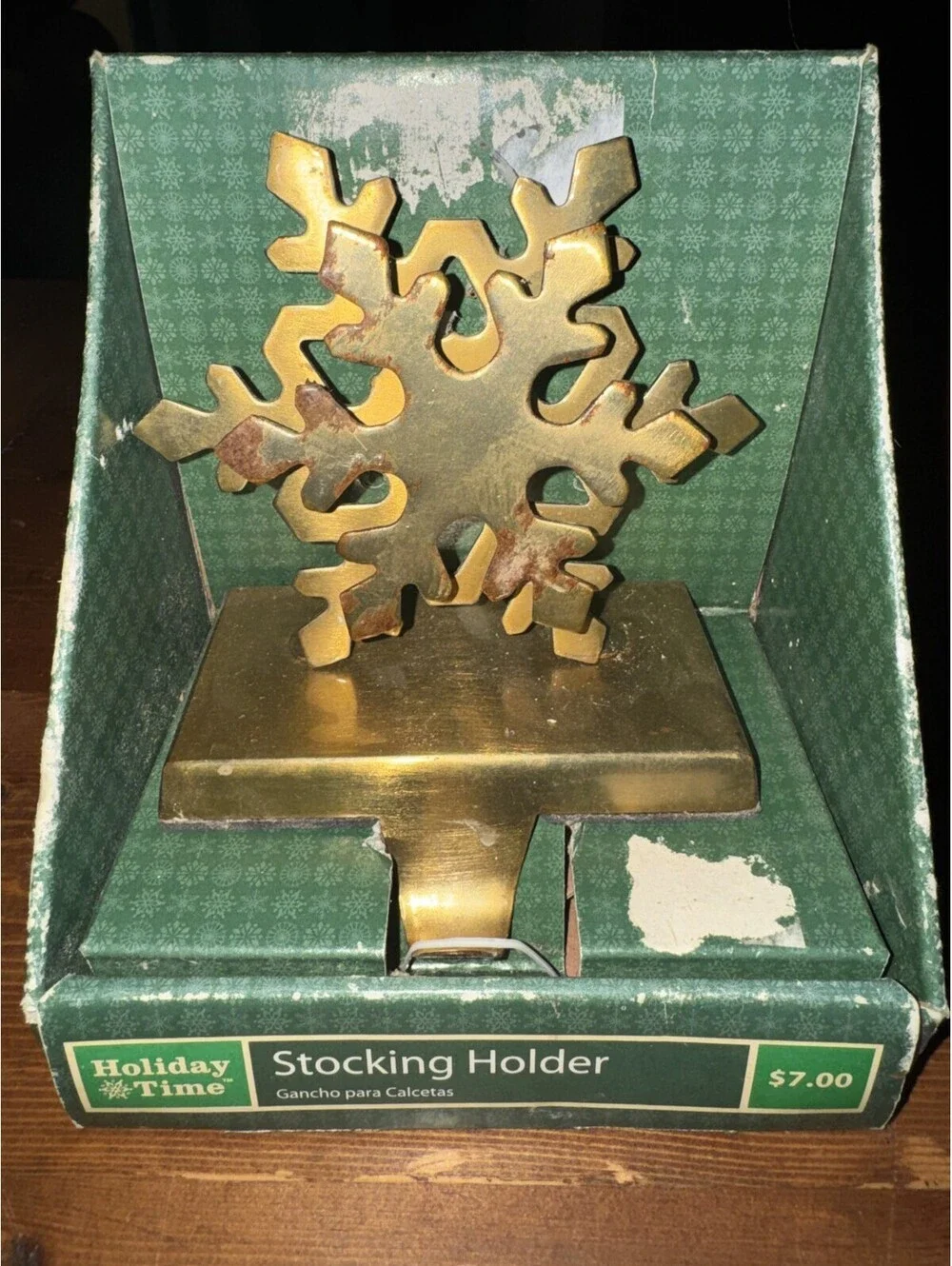 Vintage Snowflake Christmas Stocking Hanger Very Heavy, Brass Look. New in box